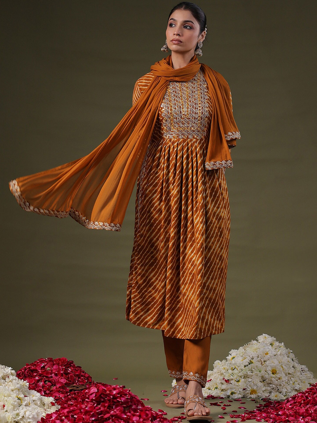 

Indo Era Leheriya Embroidered Empire Sequinned Kurta with Trousers & With Dupatta, Mustard