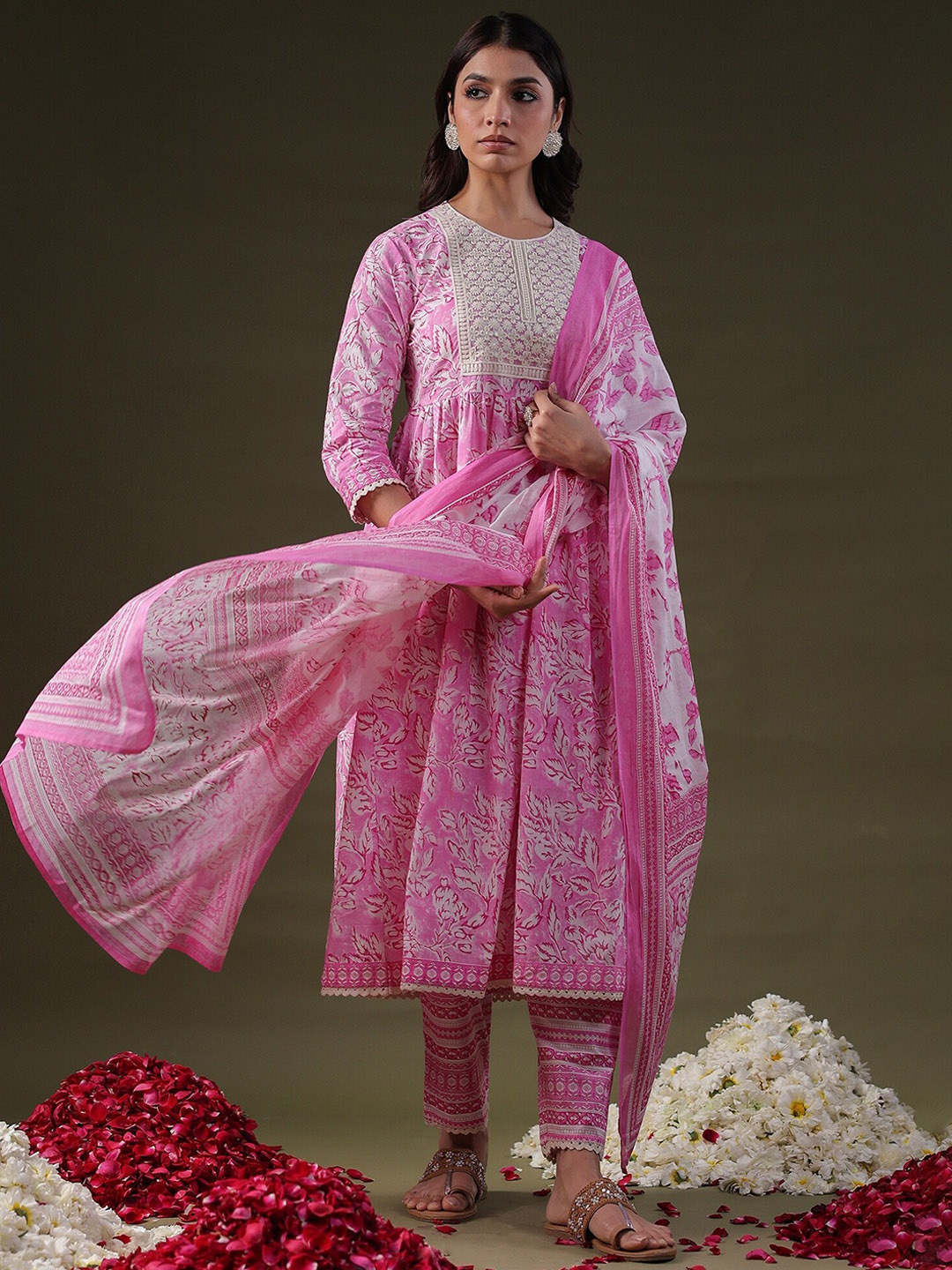 

Indo Era Floral Embroidered Round Neck Sequinned Pure Cotton A-Line Kurta Set, Pink