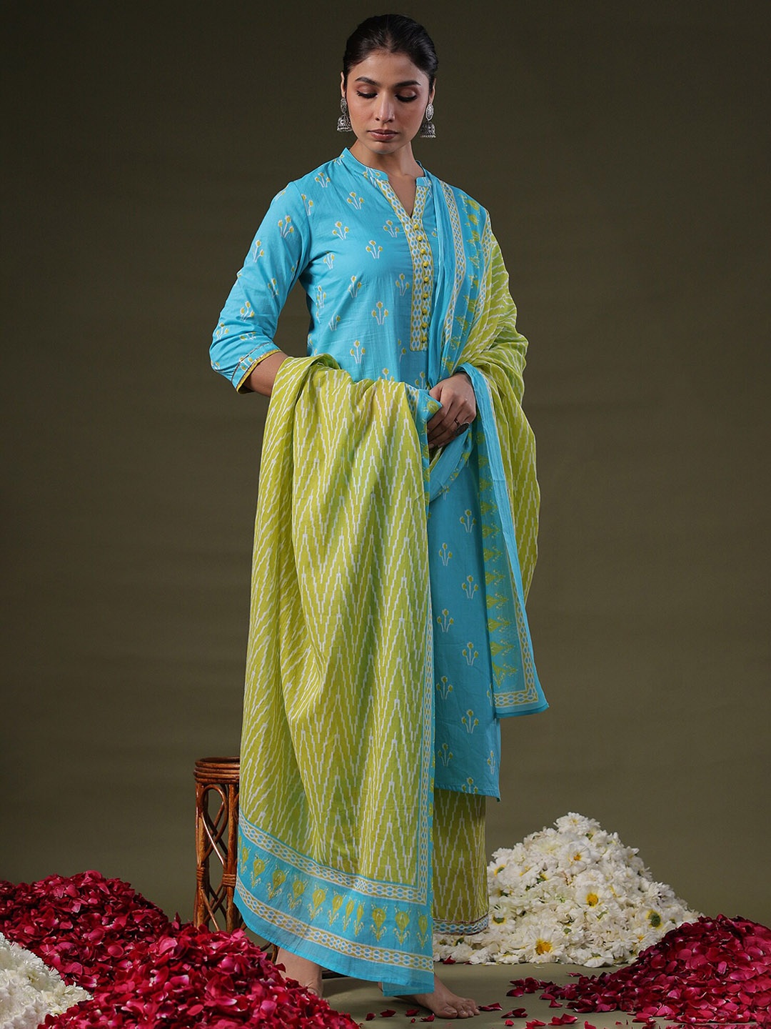 

Indo Era Ethnic Motifs Printed Pure Cotton Kurta with Palazzos & With Dupatta, Blue