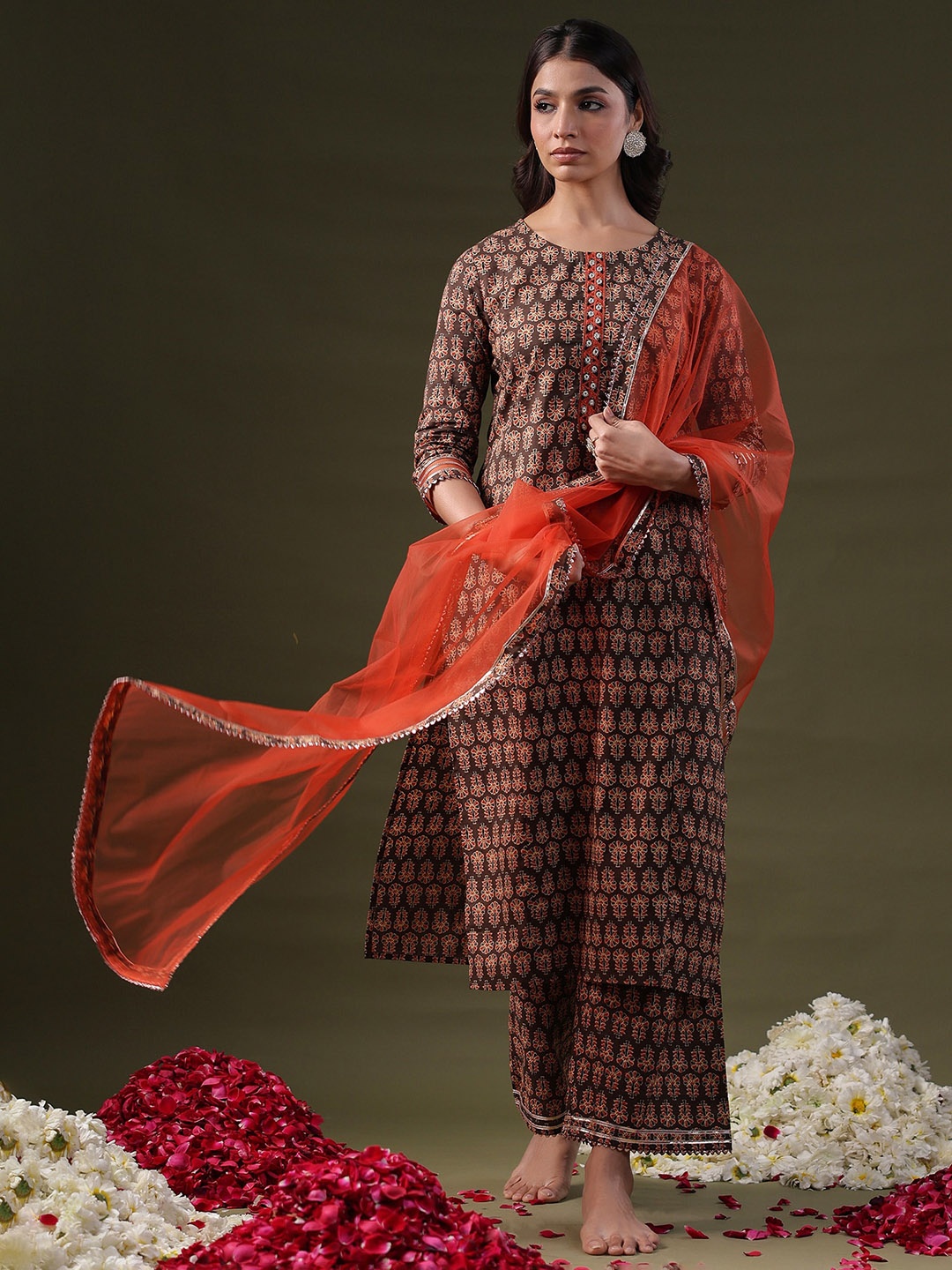 

Indo Era Brown Ethnic Motifs Printed Round Neck Straight Kurta With Palazzo & Dupatta