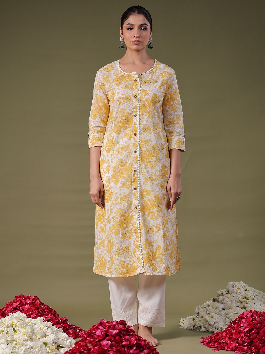 

Indo Era Floral Printed Straight Kurta, White