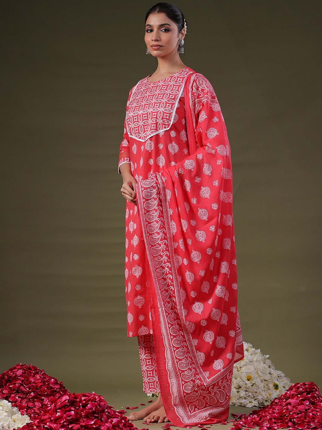 

Indo Era Pink Ethnic Motifs Printed Straight Pure Cotton Kurta With Trousers & Dupatta