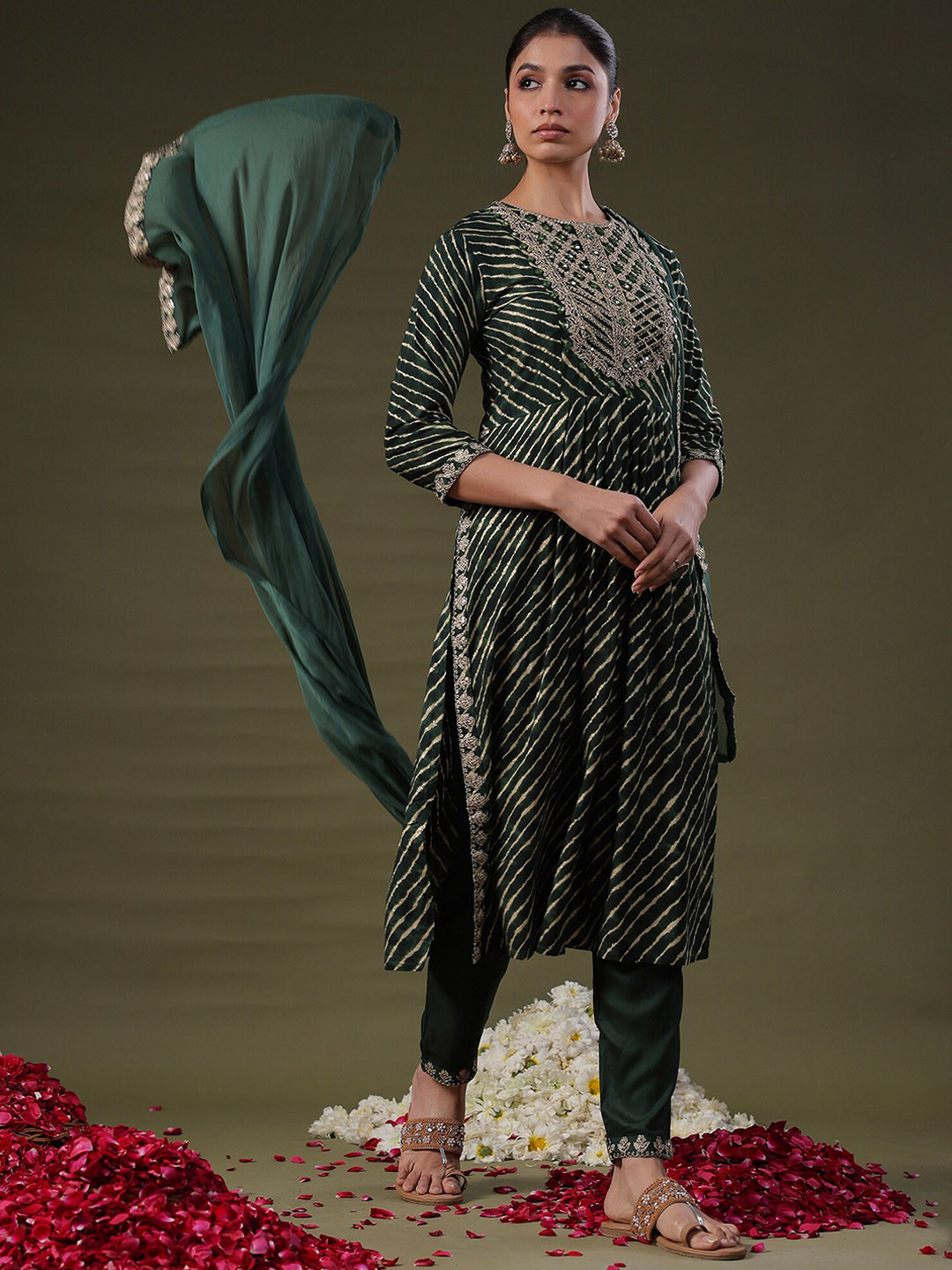 

Indo Era Green Leheriya Printed Empire Sequinned A-Line Kurta With Trousers & Dupatta