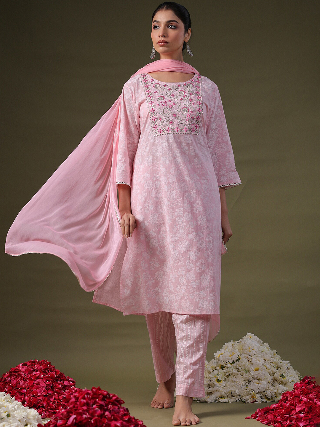

Indo Era Pink Floral Printed Straight Pure Cotton Kurta With Trousers & Dupatta