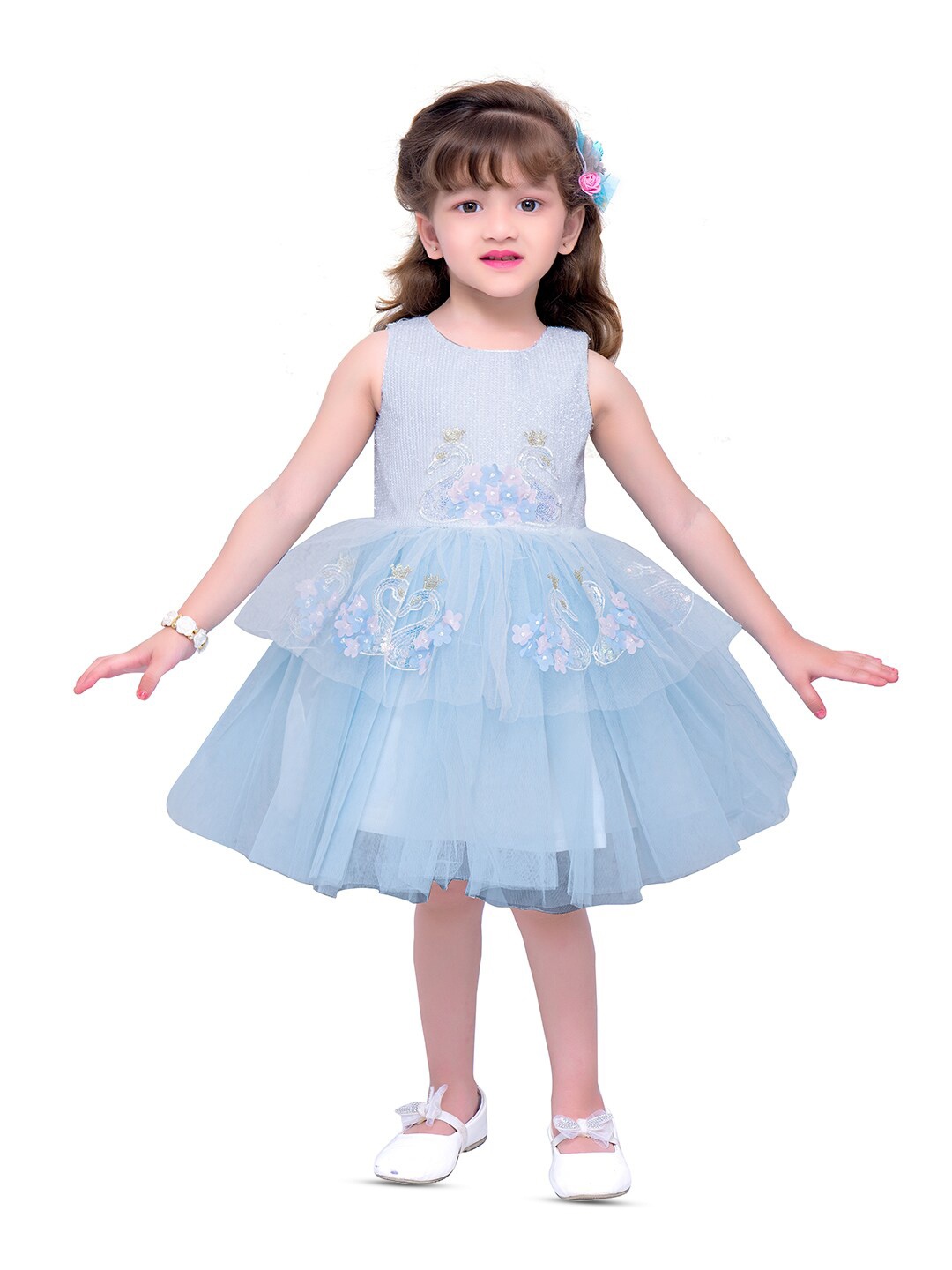 

BAESD Girl Round Neck Sleeveless Cotton Net Fit & Flare party wear dresses, Blue