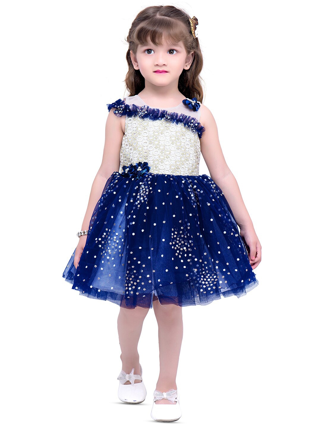 

BAESD Girl Polka Dot Printed Round Neck Sleeveless Net Fit & Flare Cotton Dress, Blue