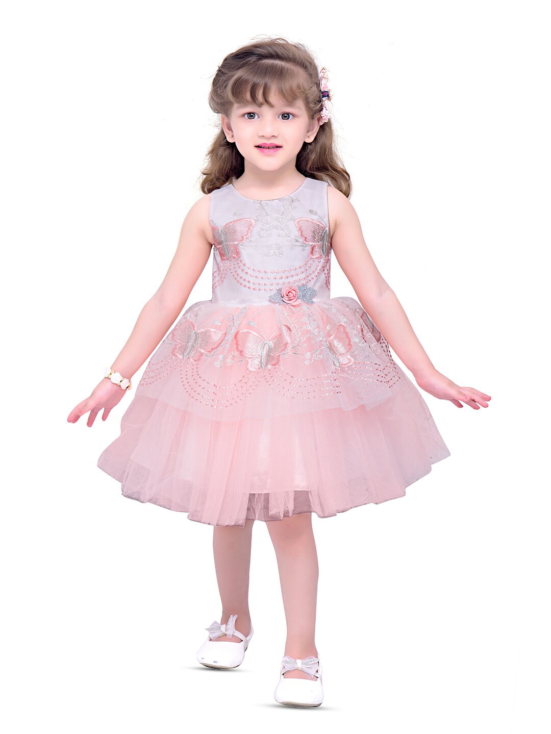 

BAESD Girl Round Neck Sleeveless Cotton Net Fit & Flare party wear dresses, Peach