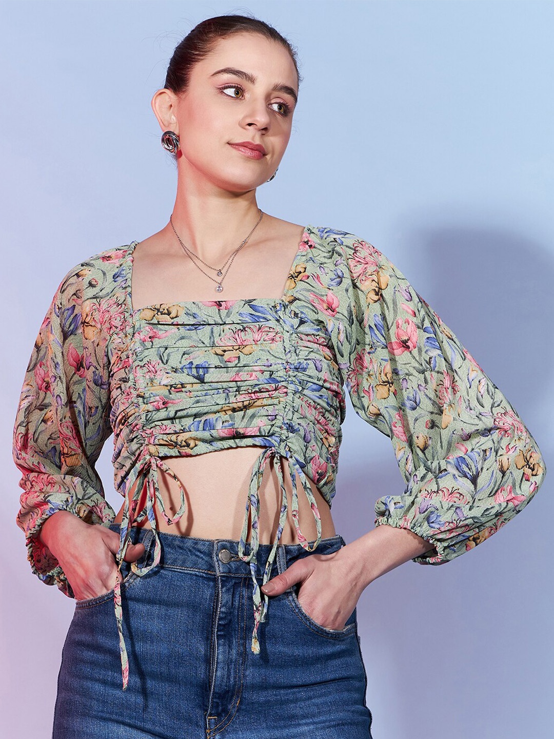 

DressBerry Green Floral Printed Ruched Puff Sleeves Top
