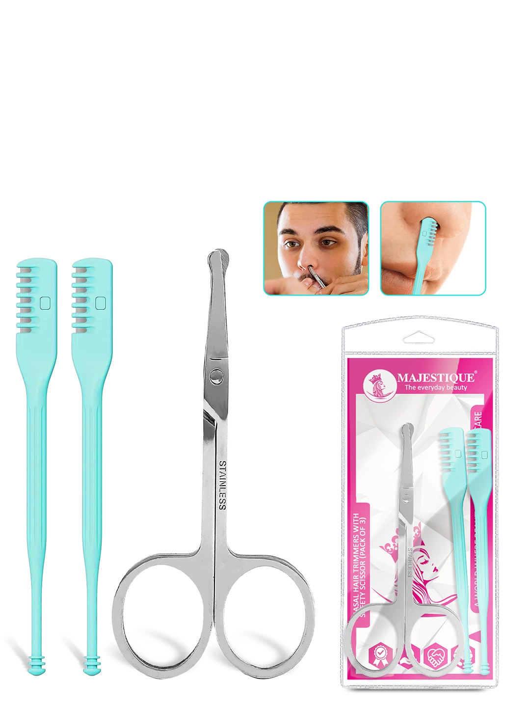 

MAJESTIQUE Set Of 3 Safety Mini Scissor & Portable Nose Hair Remover, Blue