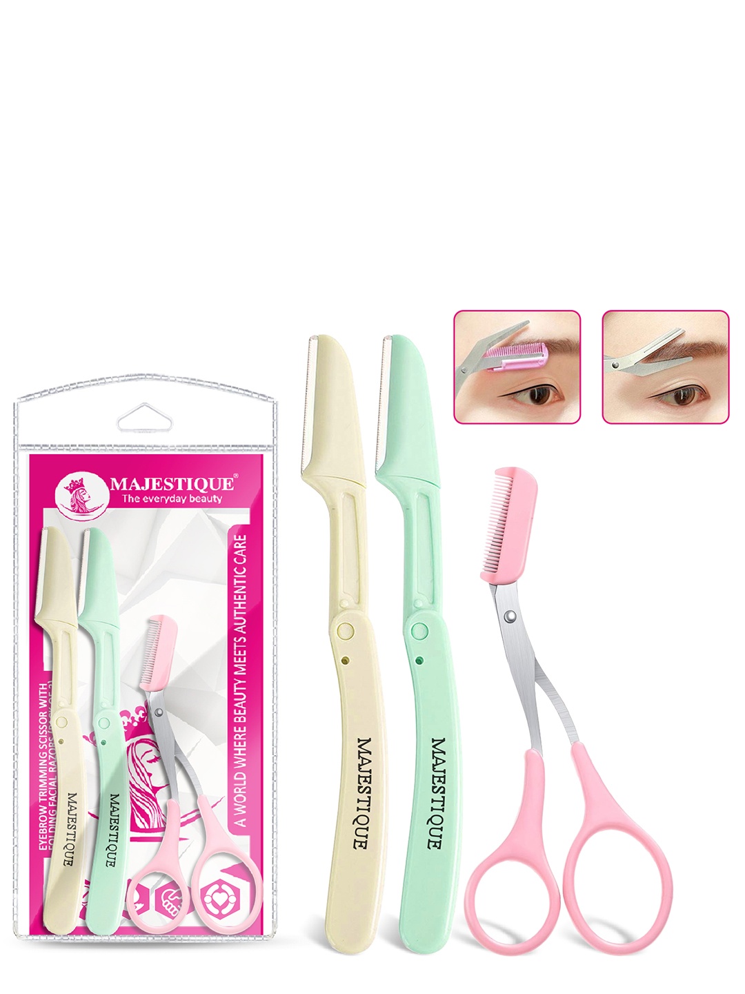 

MAJESTIQUE 3-Pcs Eyebrow Trimmer Scissors With Folding Facial Razors, Multi