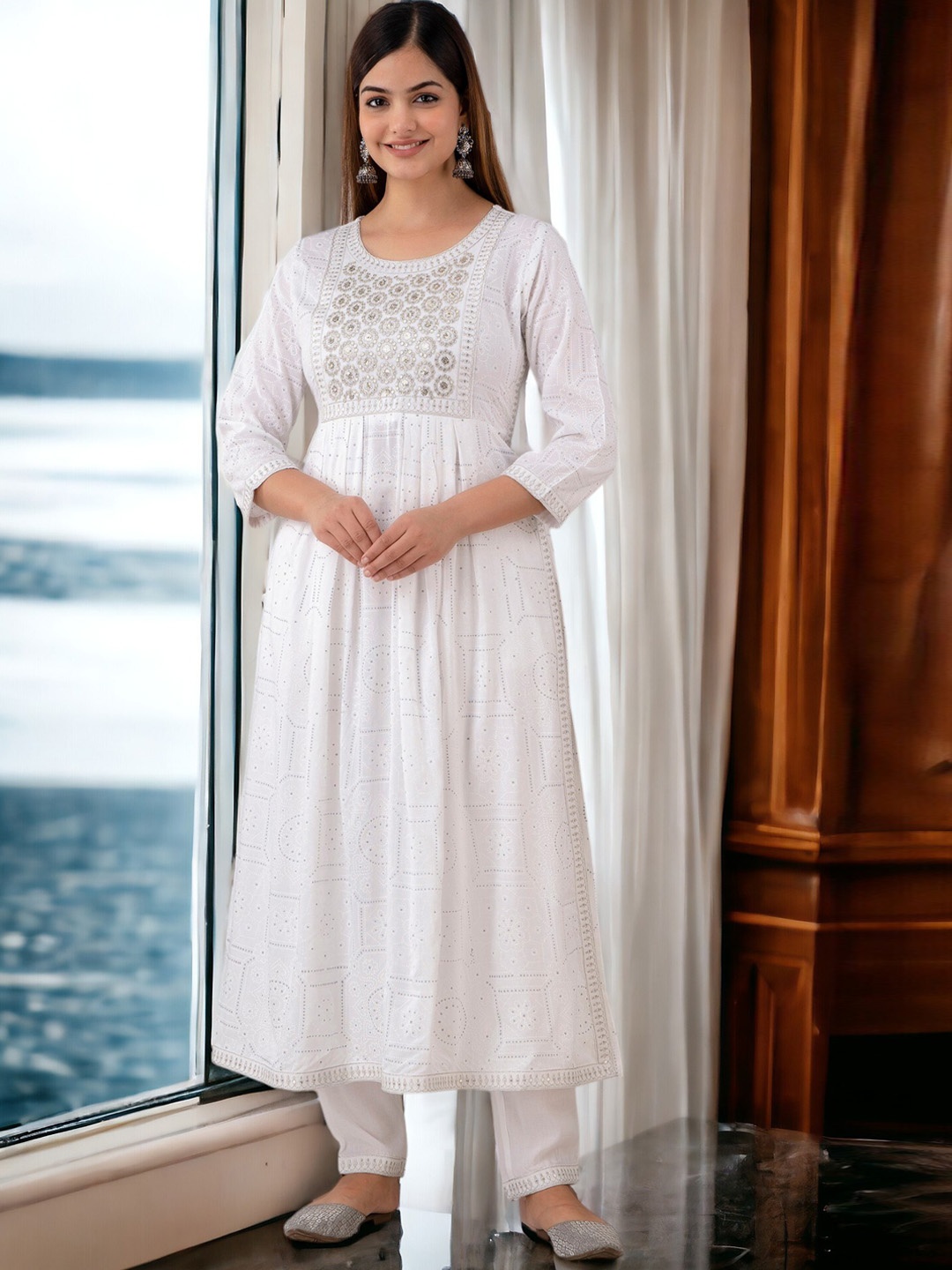 

Chandbaali Ethnic Motifs Embroidered Pleated Kurta With Trousers & Dupatta, White