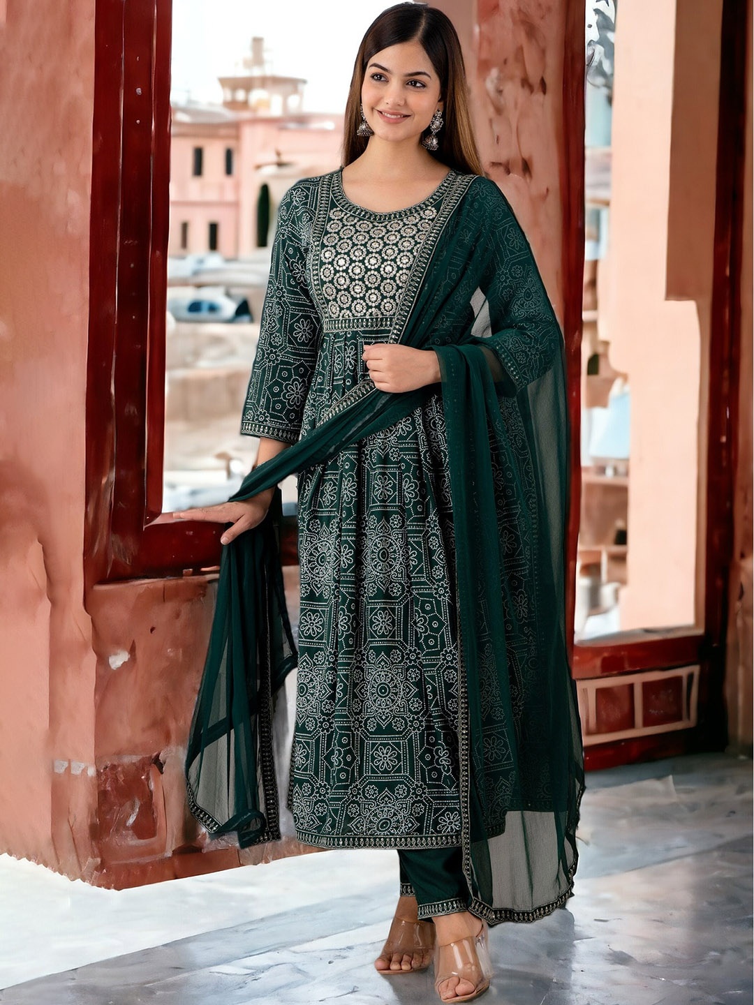 

Chandbaali Ethnic Motifs Printed Pleated Kurta With Trousers & Dupatta, Green