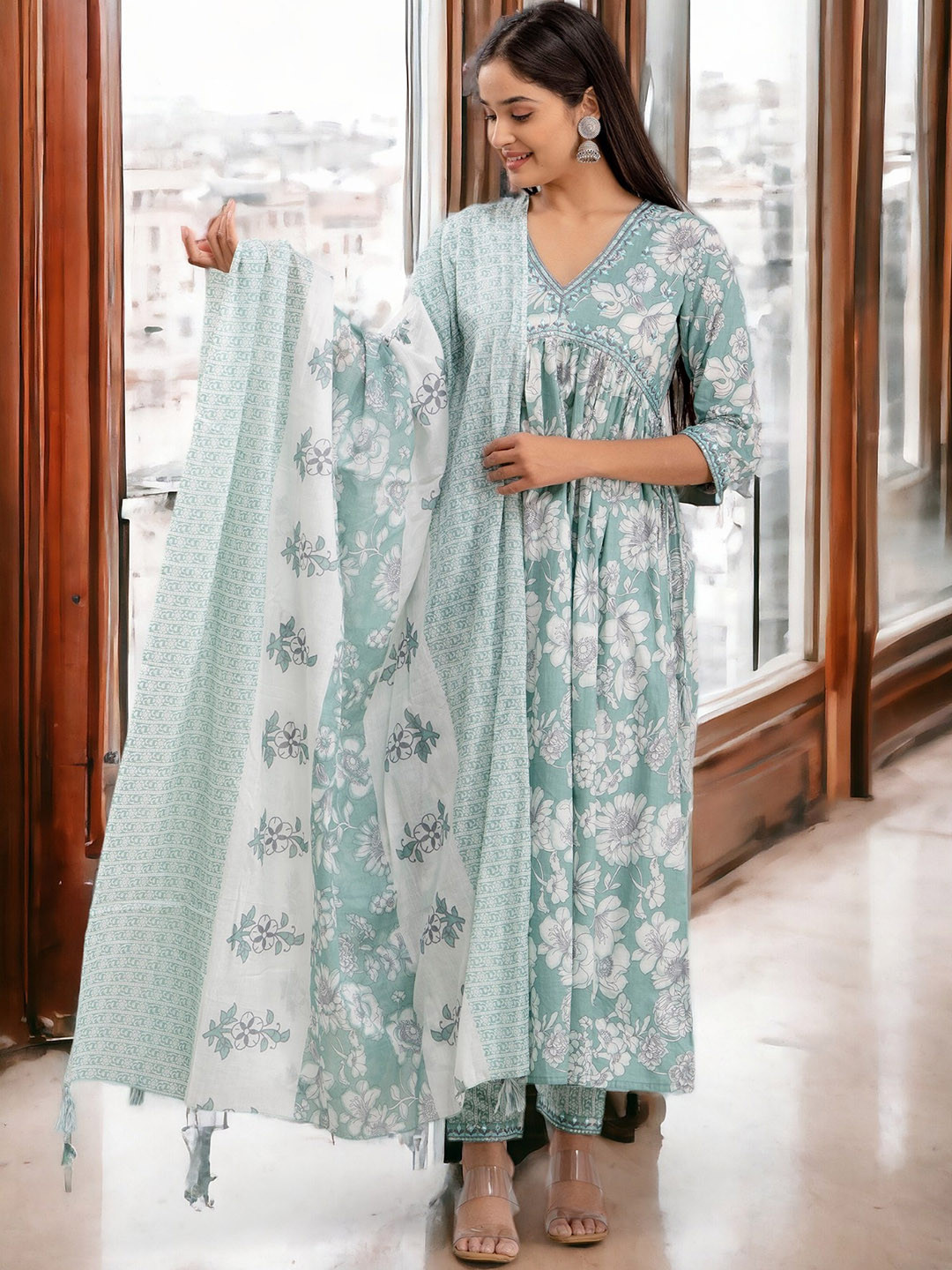 

Chandbaali Floral Printed Pleated Pure Cotton Kurta With Trousers & Dupatta, Green