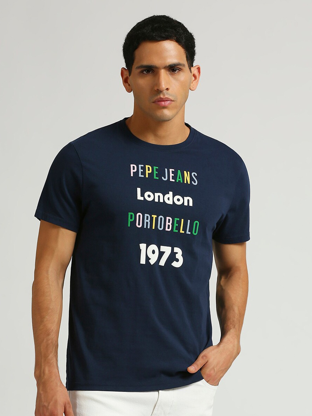

Pepe Jeans Typography Printed Pure Cotton Slim Fit T-shirt, Blue