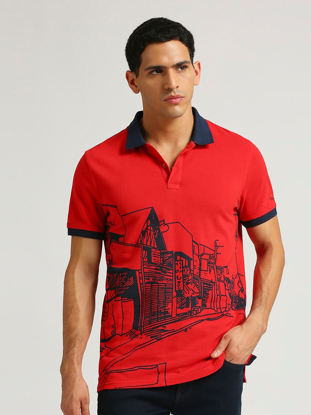 

Pepe Jeans Graphic Printed Polo Collar Pure Cotton T-shirt, Red