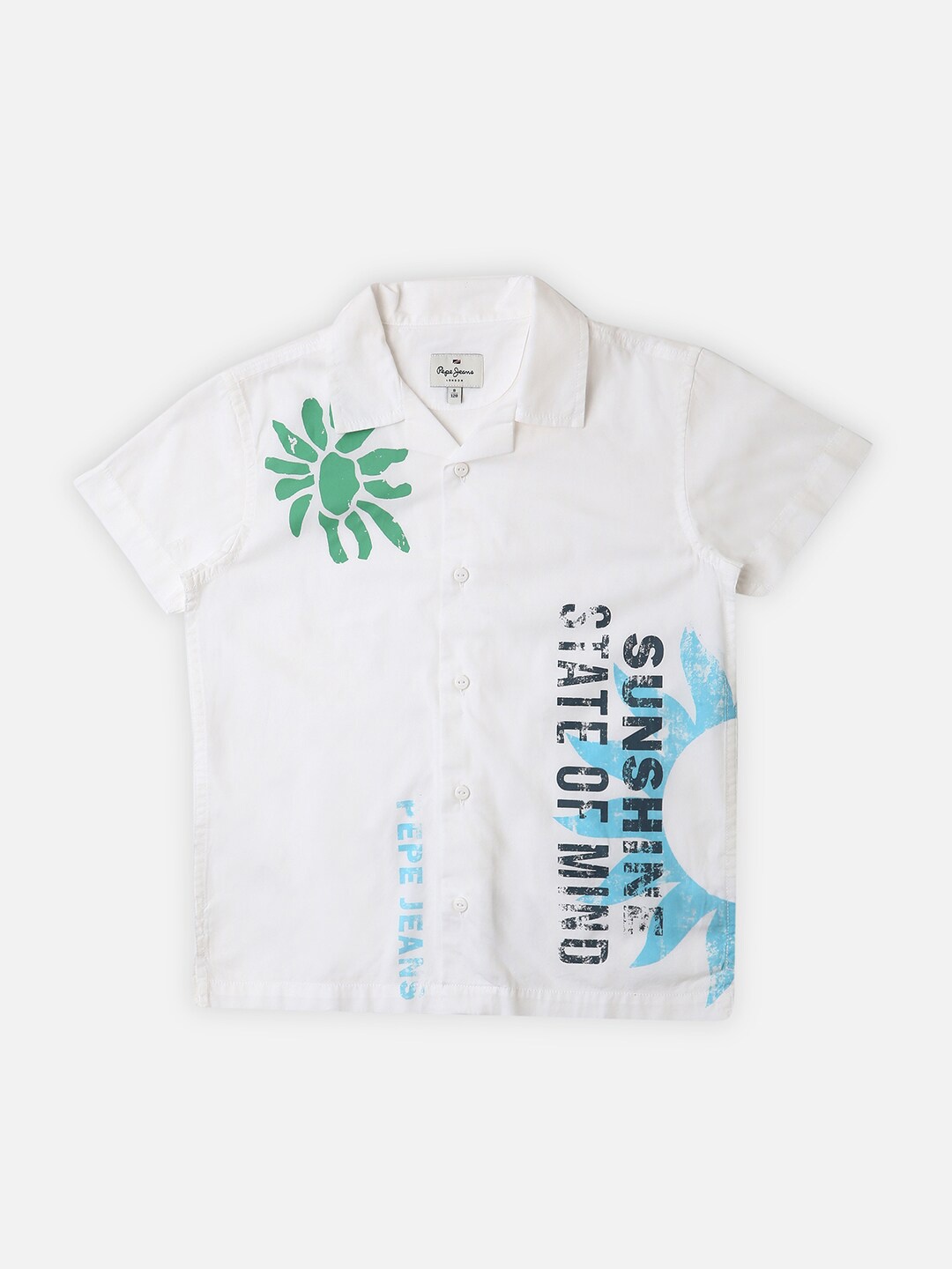 

Pepe Jeans Boys Typography Printed Cuban Collar Pure Cotton Casual Shirt, White