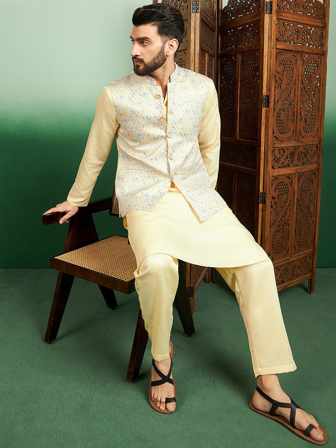 

House of Pataudi Woven Design Nehru Jacket, Yellow