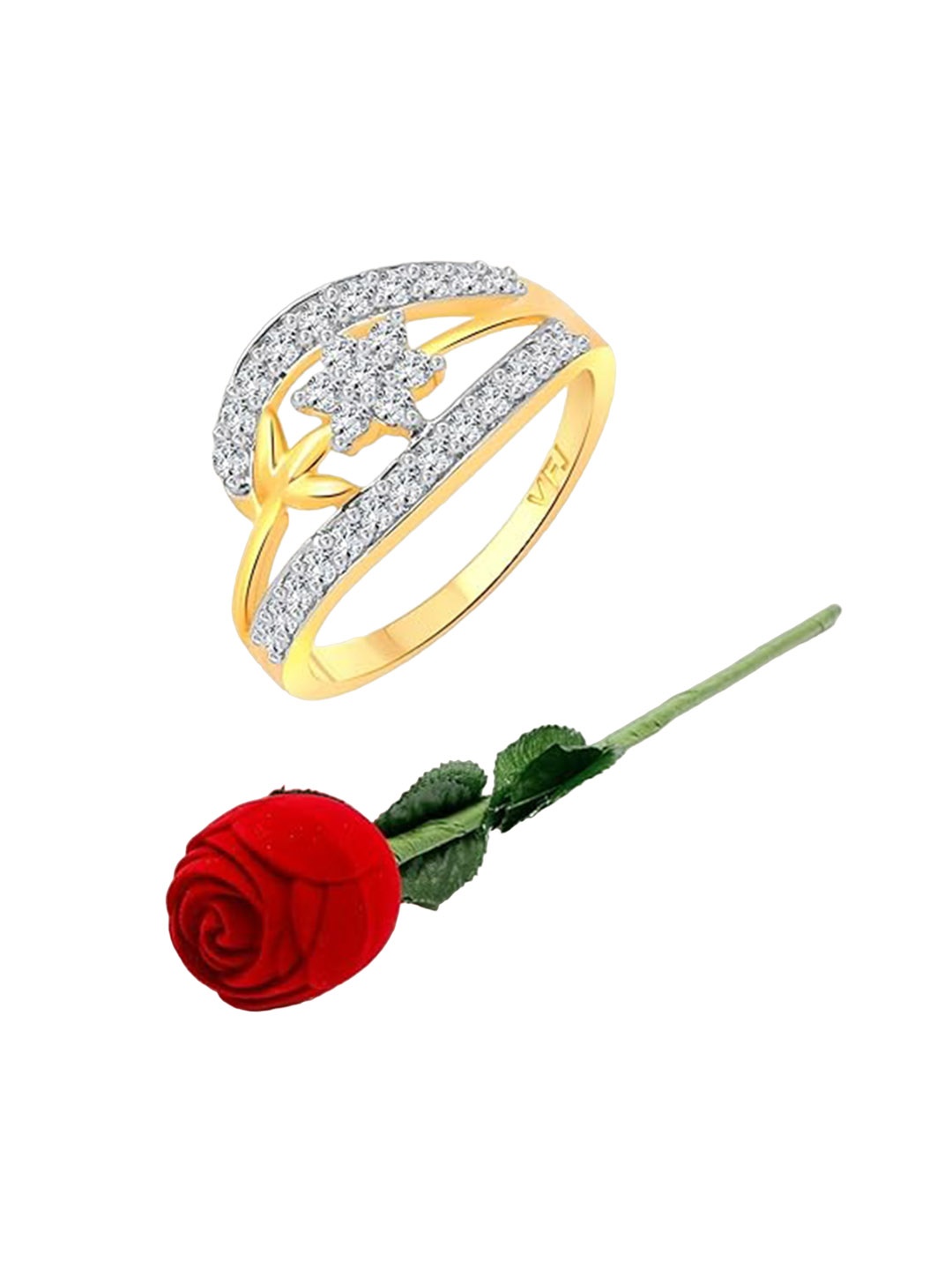 

Vighnaharta Gold-Plated CZ-Studded Finger Ring With Rose Box