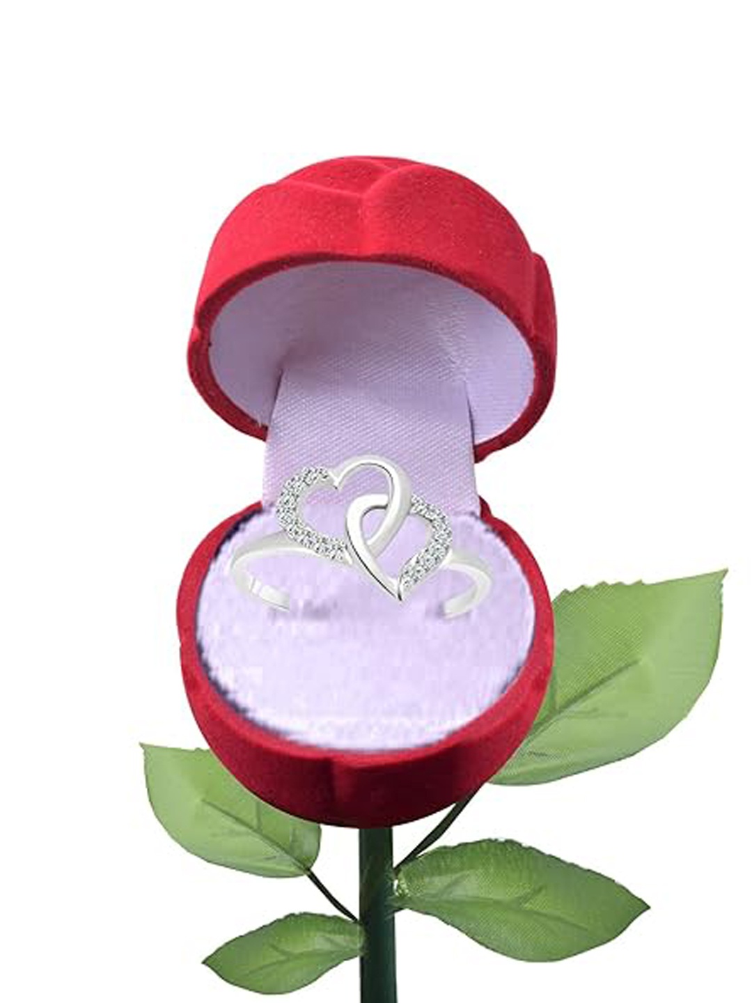 

Vighnaharta Rhodium-Plated CZ-Studded Finger Ring With Rose Box, Silver