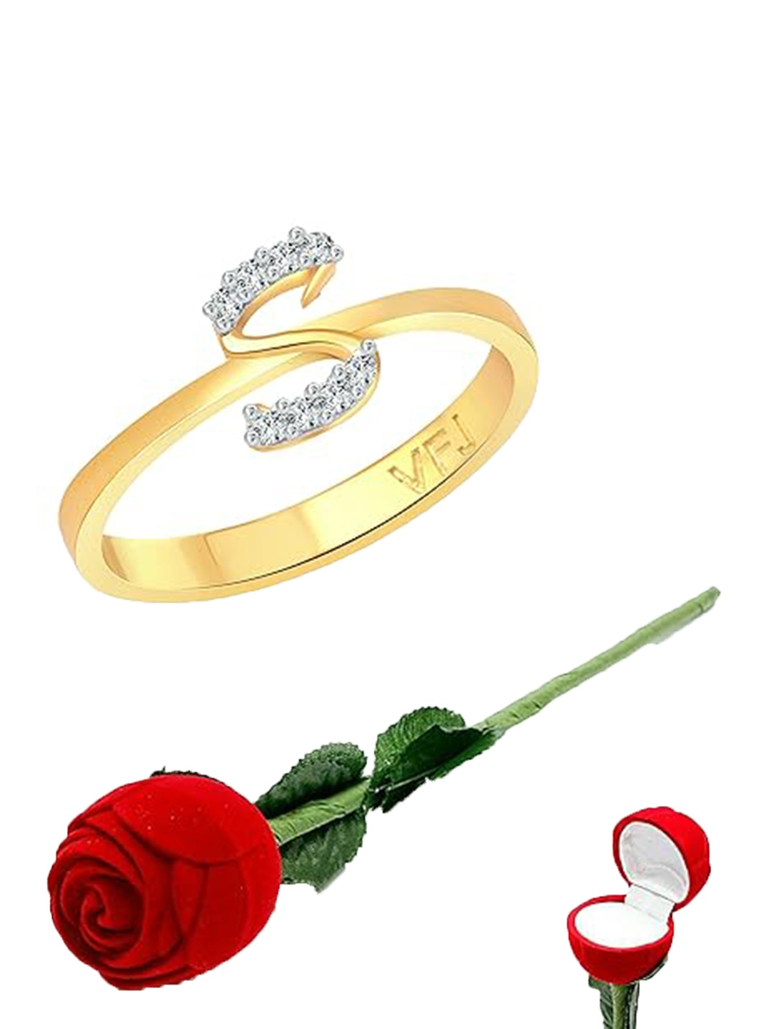 

Vighnaharta Gold-Plated CZ-Studded & Alphabet S Details Finger Ring With Rose Box