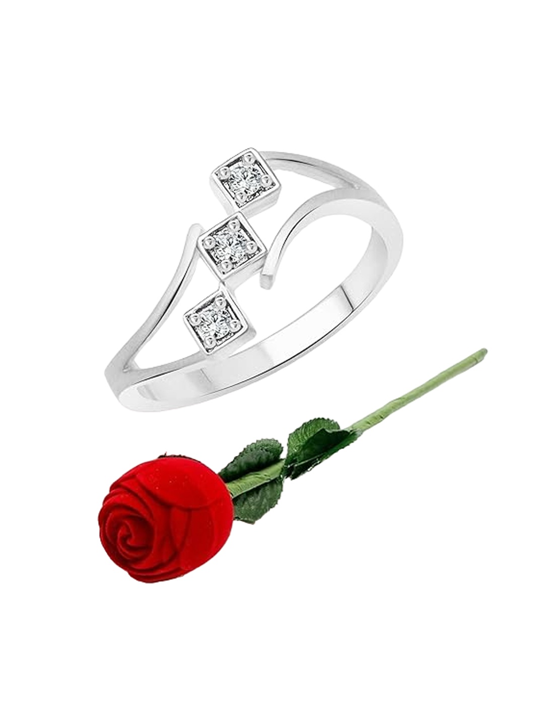 

Vighnaharta Rhodium-Plated CZ-Studded Finger Ring With Rose Box, Silver