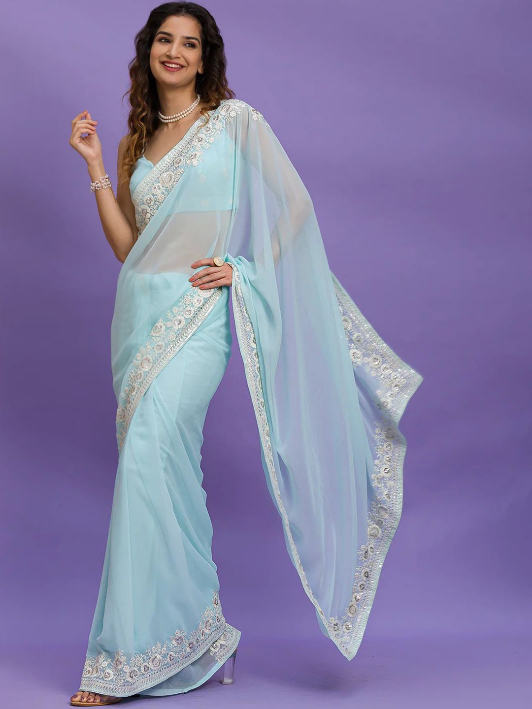 

KALINI Embroidered Border Georgette Silk Saree, Blue