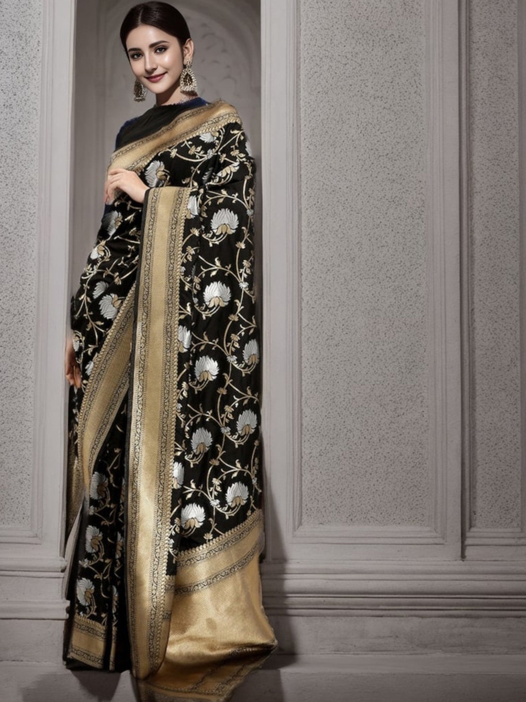 

KALINI Ethnic Motifs Woven Design Zari Banarasi Saree, Black