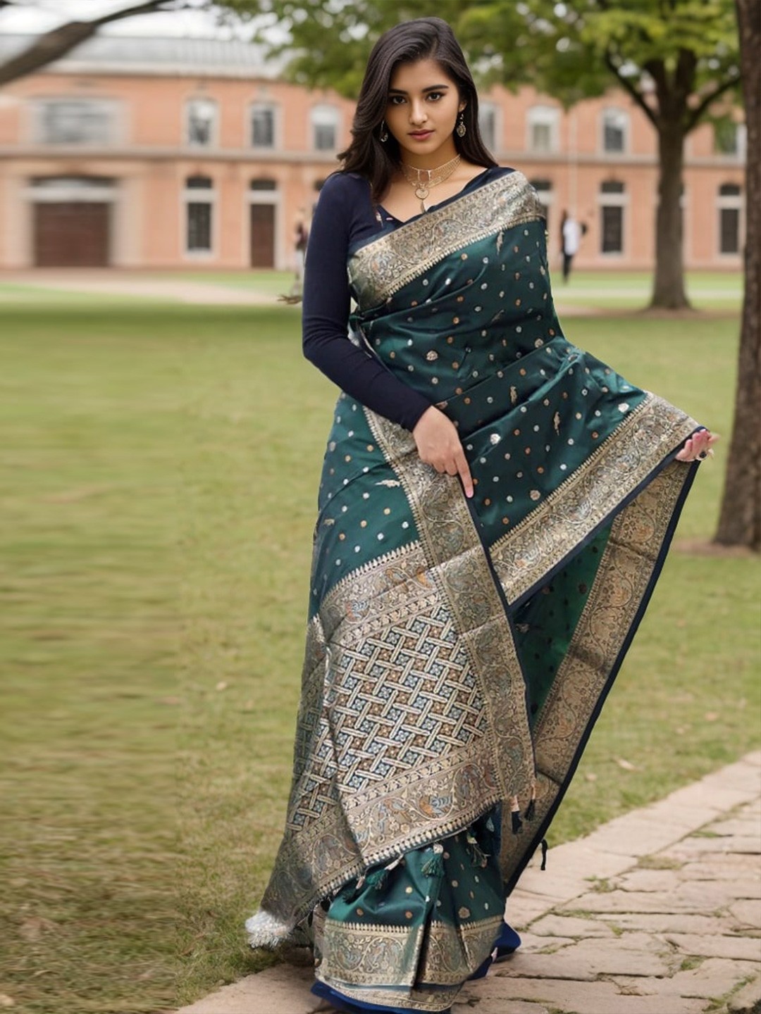 

KALINI Ethnic Motifs Woven Design Zari Silk Blend Banarasi Saree, Green