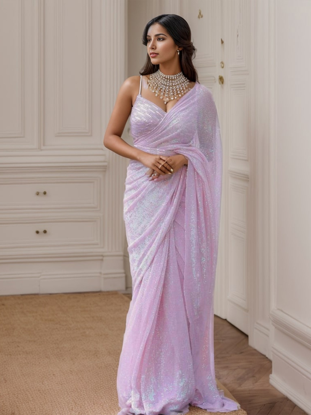 

KALINI Embellished Sequinned Pure Georgette Saree, Peach