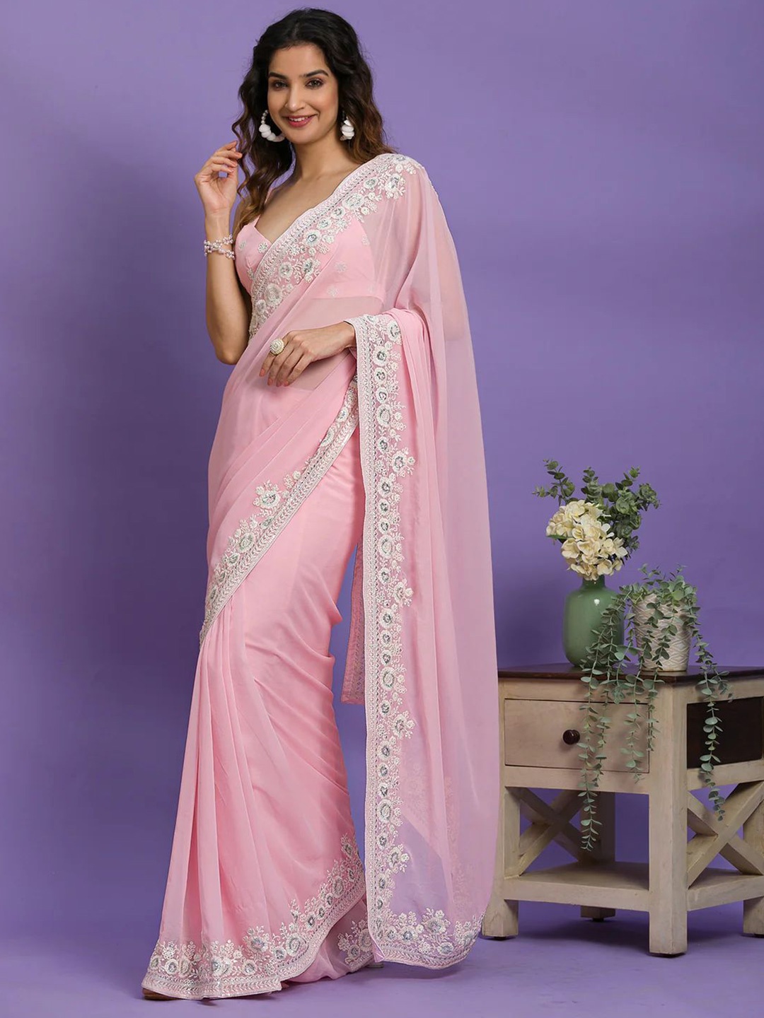 

KALINI Sequinned Pure Georgette Saree, Peach