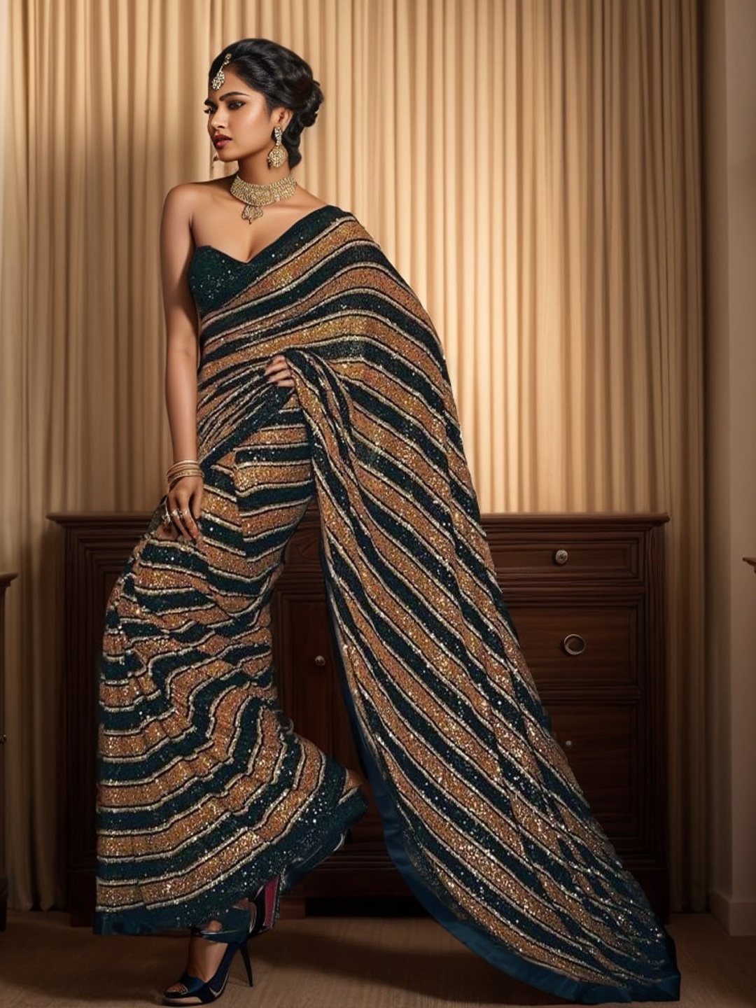 

KALINI Embellished Sequinned Pure Georgette Saree, Black