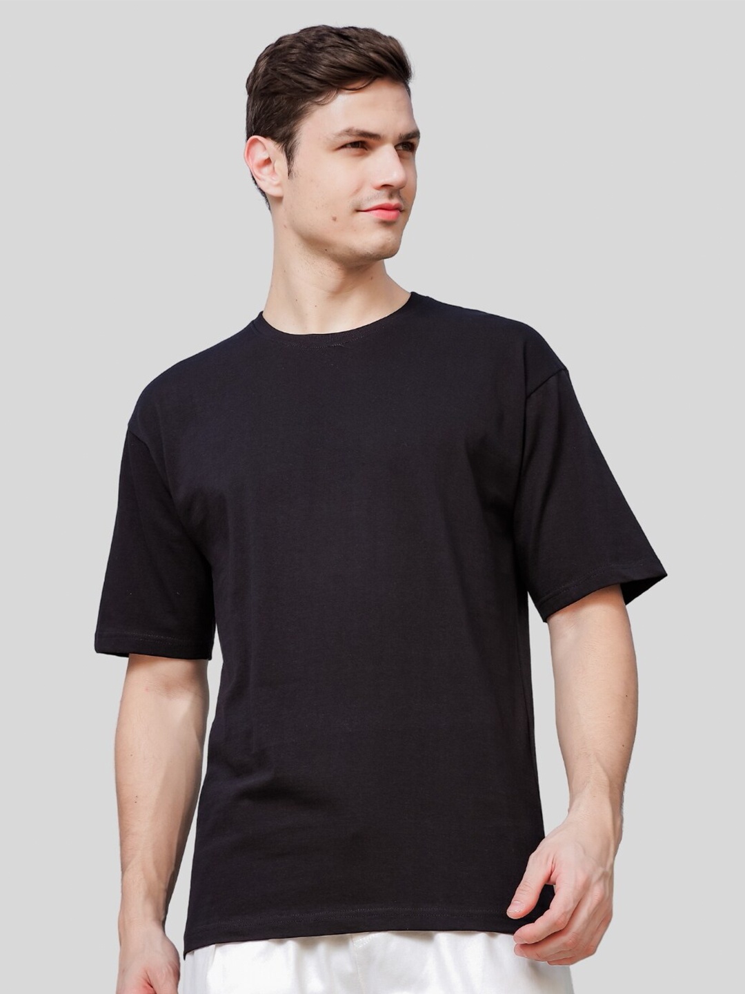 

ADRO Round Neck Drop-Shoulder Sleeves Oversized Pure Cotton T-shirt, Black