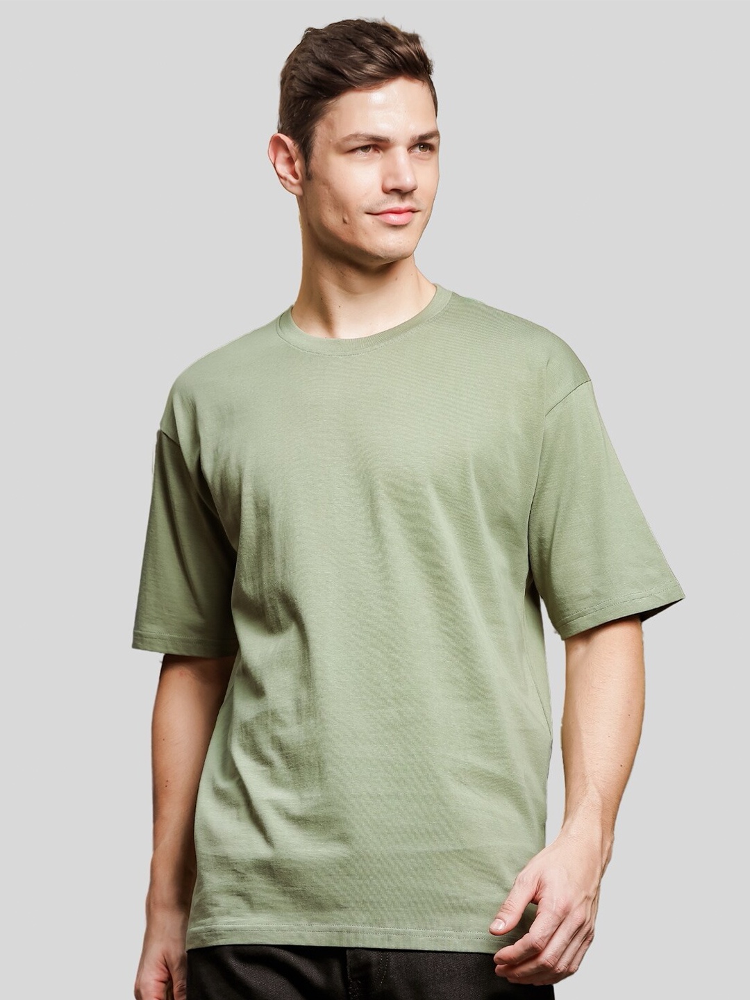 

ADRO Round Neck Drop-Shoulder Sleeves Oversized Pure Cotton T-shirt, Olive