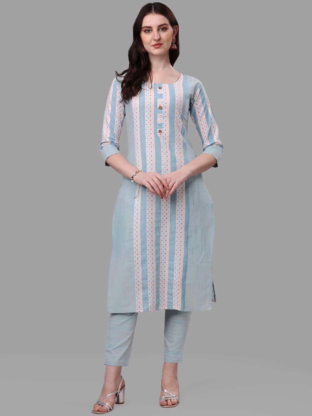 

CaniBani Striped Regular Pure Cotton Round Neck Kurta with Trousers & Dupatta, Turquoise blue