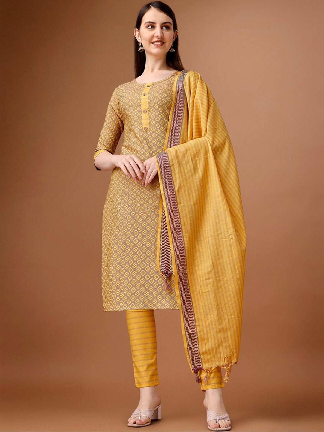 

CaniBani Regular Round Neck Pure Cotton Kurta with Trousers & Dupatta, Mustard