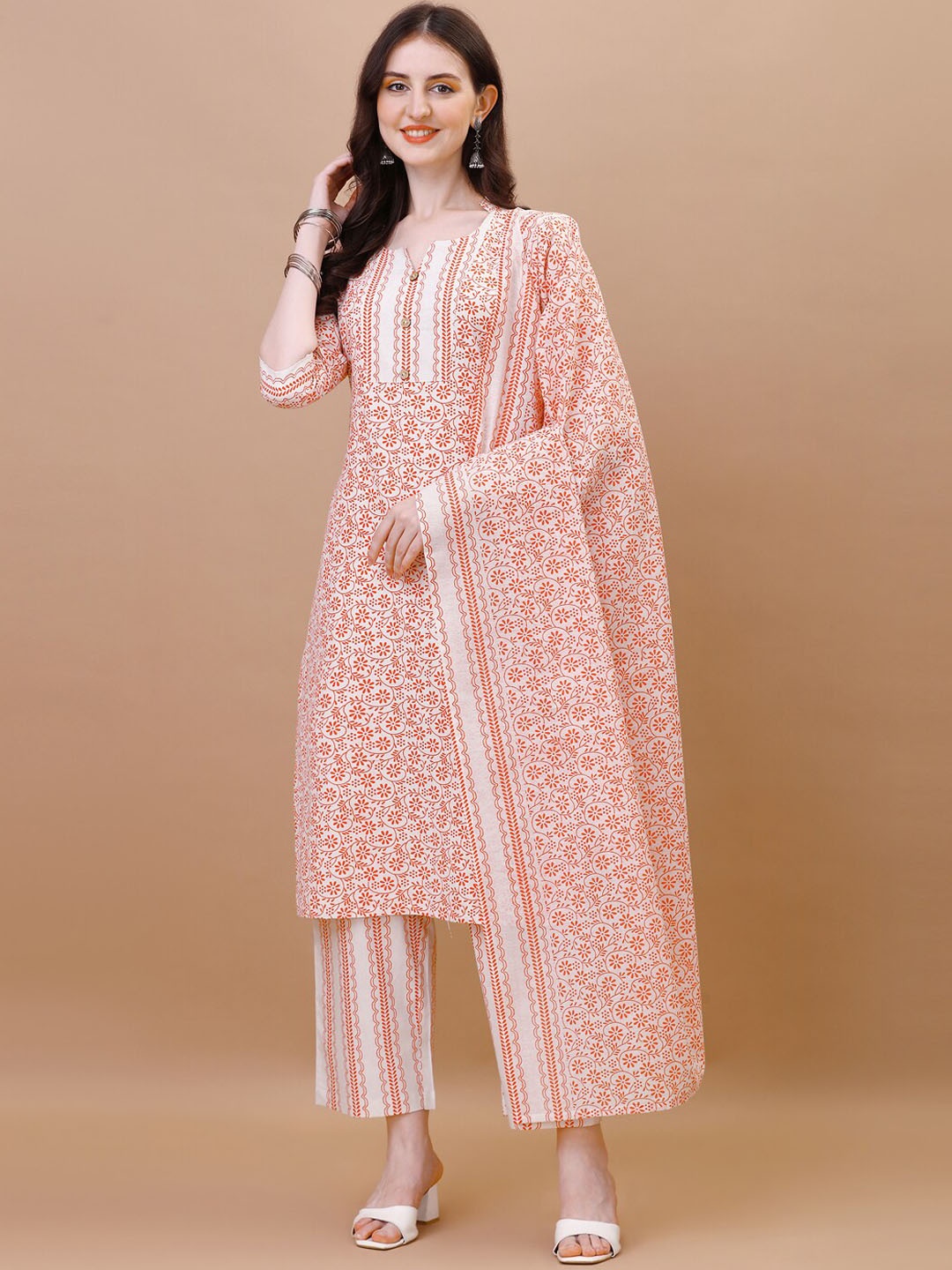 

CaniBani Ethnic Motifs Printed Regular Pure Cotton Kurta with Trousers & Dupatta, Orange