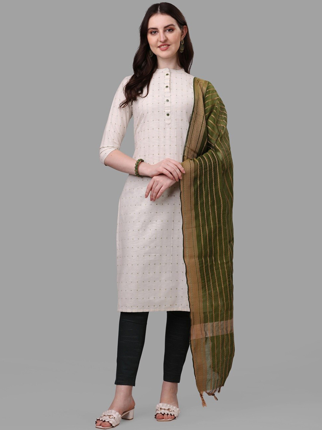 

CaniBani Mandarin Collar Regular Pure Cotton Kurta with Trousers & Dupatta, Off white