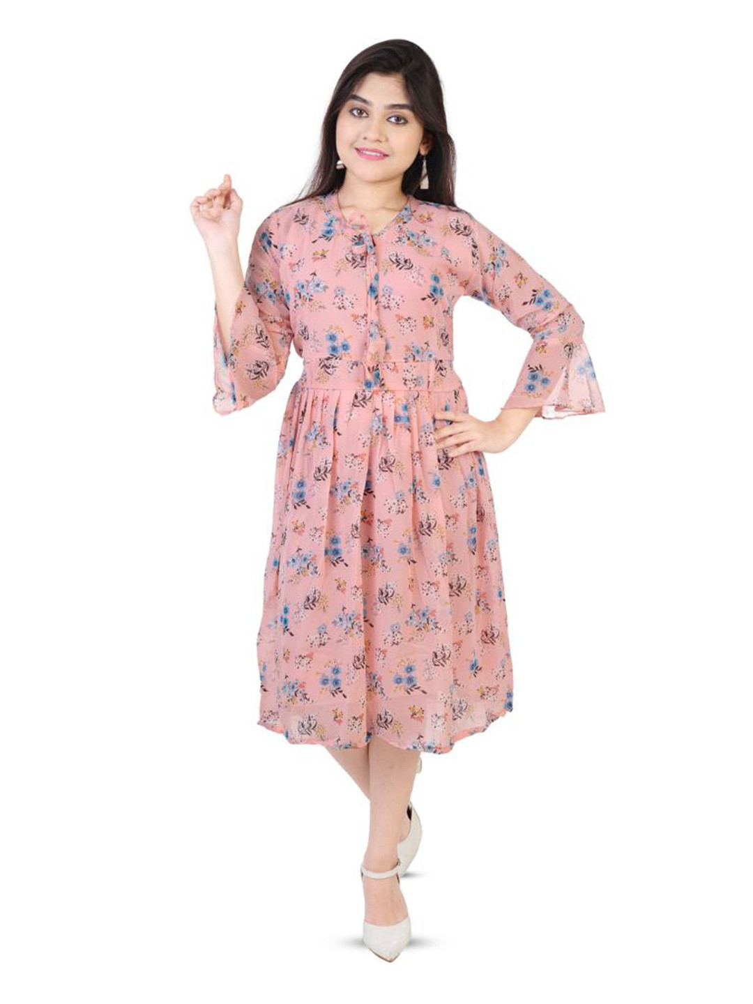 

BAESD Floral Printed Mandarin Collar Three-Quarter Sleeves Georgette Midi Dress, Pink