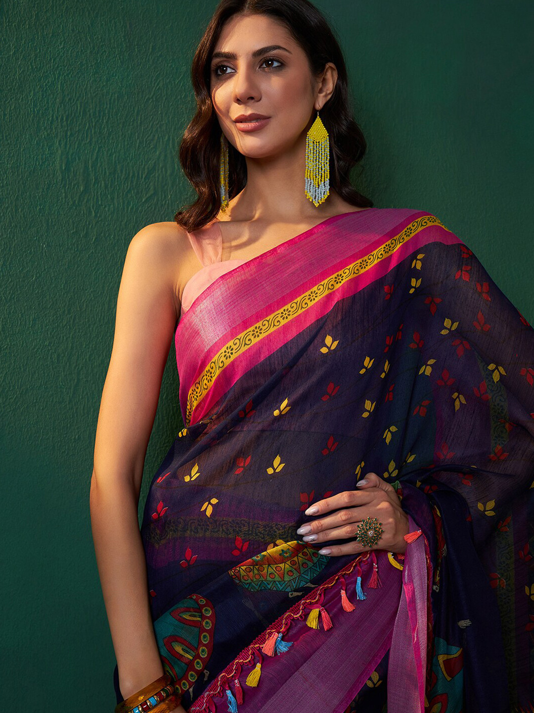 

Sangria Ethnic Motifs Printed Cotton Silk Saree, Navy blue