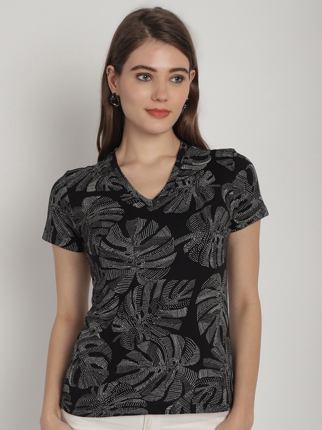

Dressitude Floral Printed V-Neck Pure Cotton T-shirt, Black