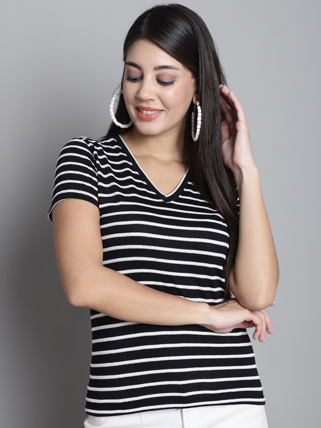 

Dressitude Striped V-Neck Pure Cotton T-shirt, Black