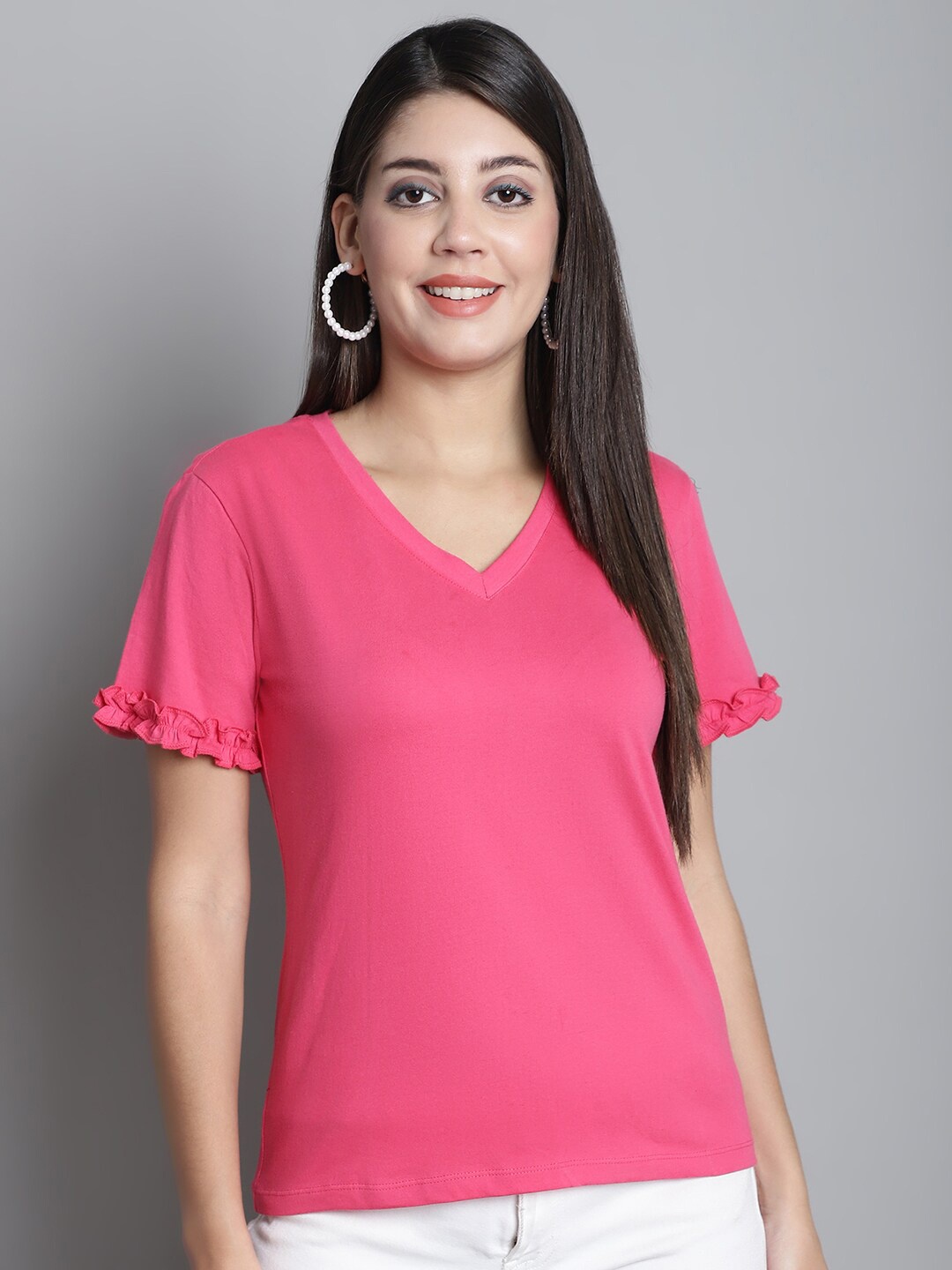 

Dressitude V-Neck Ruffled Pure Cotton T-shirt, Pink