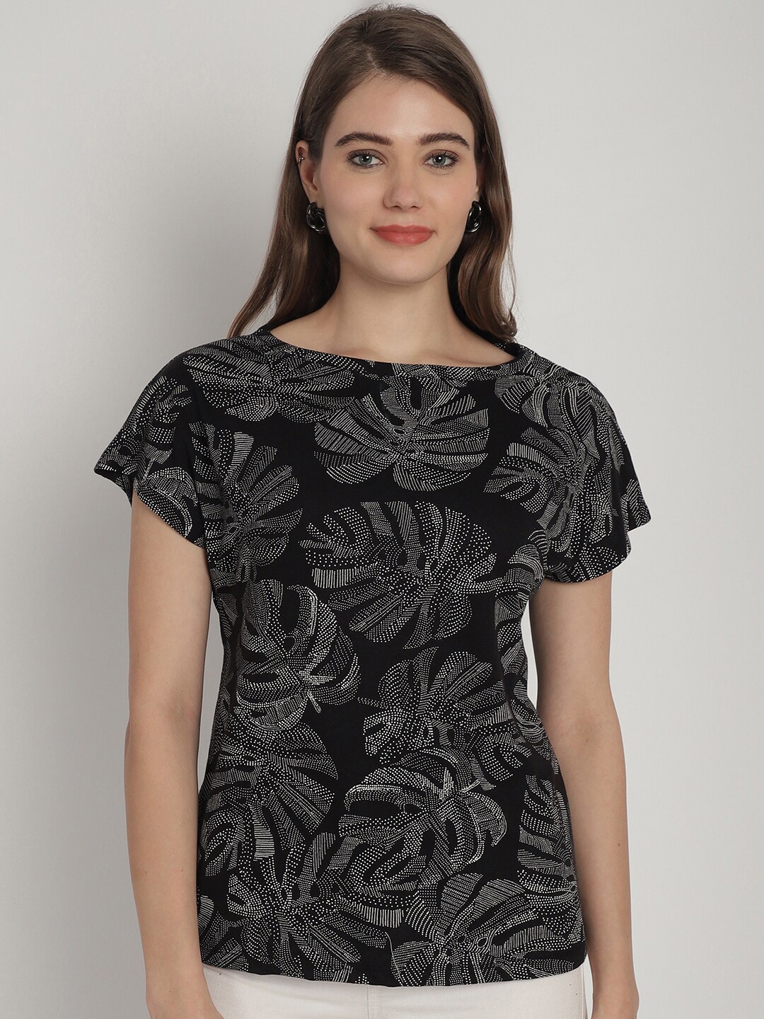 

Dressitude Tropical Printed Extended Sleeves Pure Cotton T-shirt, Black