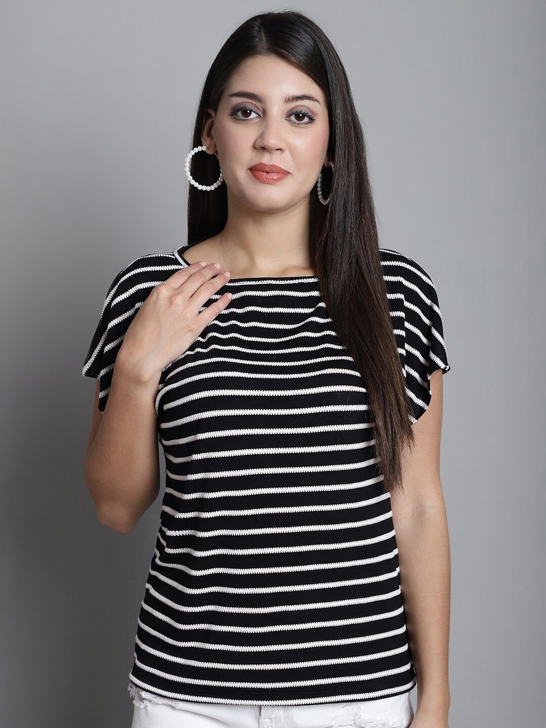 

Dressitude Striped Pure Cotton Extended Sleeves Monochrome T-shirt, Black