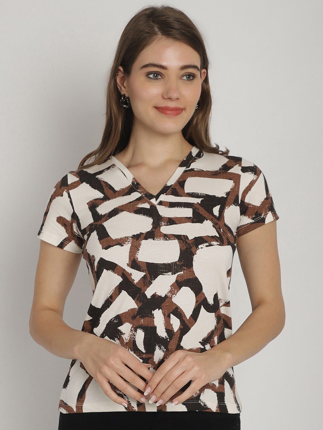 

Dressitude Printed Pure Cotton V-Neck T-shirt, Cream