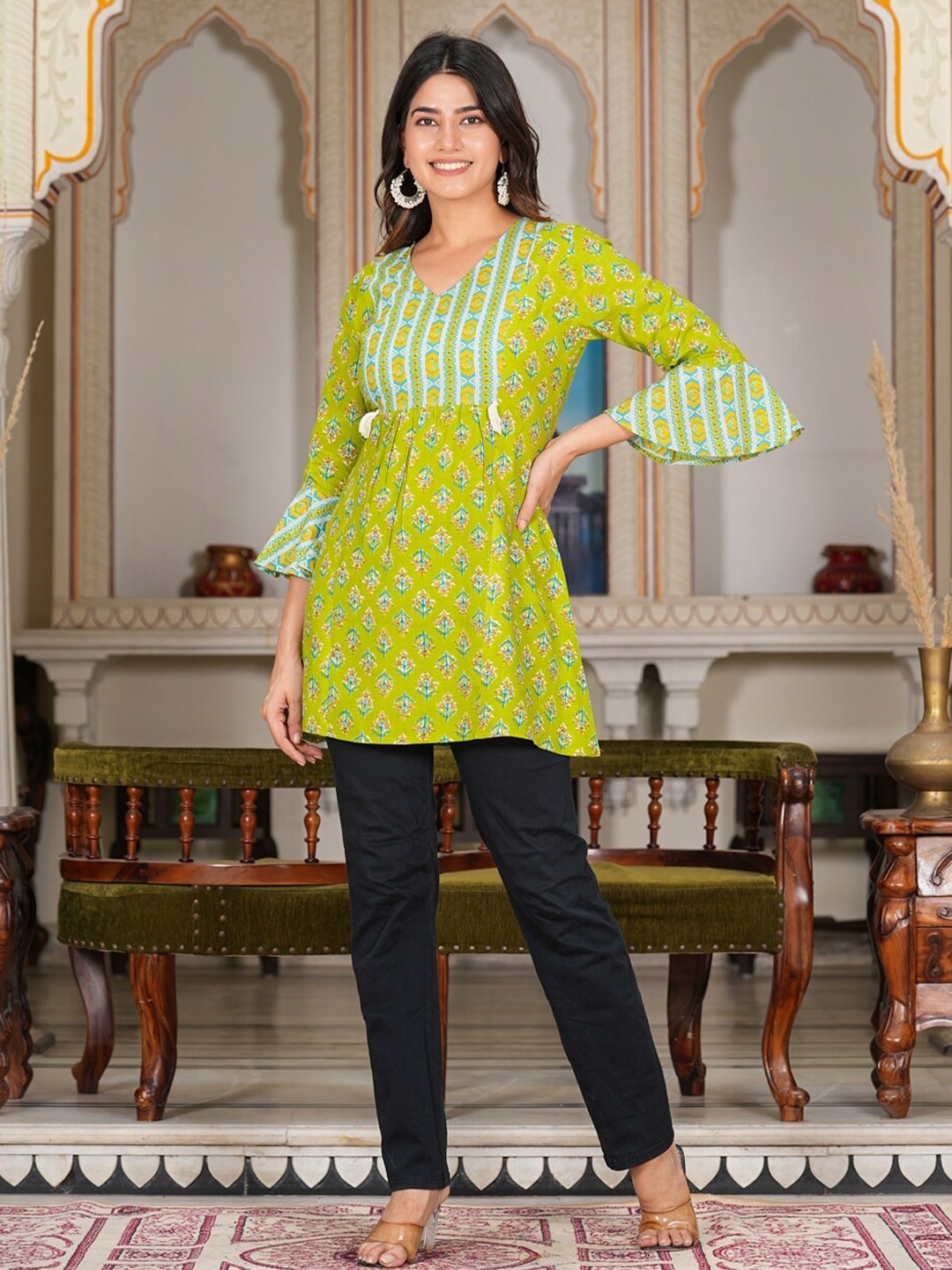 

YASH GALLERY Floral Printed Bell Sleeves A-Line Kurti, Green