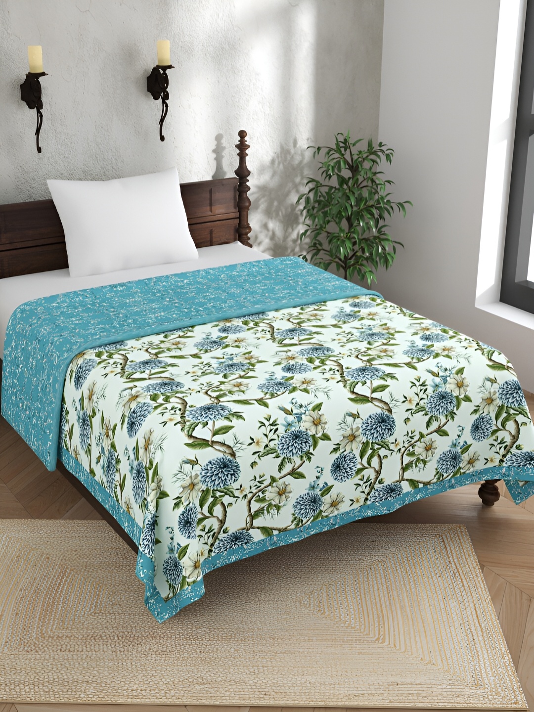 

EverHOME Daisy Meadows Blue & White Floral Printed Cotton AC Room 120 GSM Single Bed Dohar