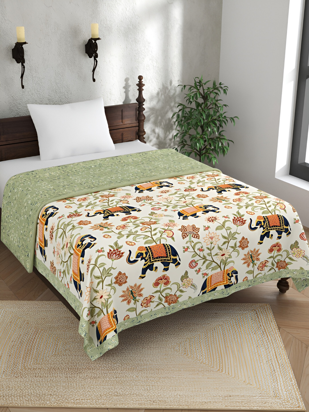 

EverHOME Daisy Meadows Beige & Green Floral Cotton AC Room 120 GSM Single Bed Dohar