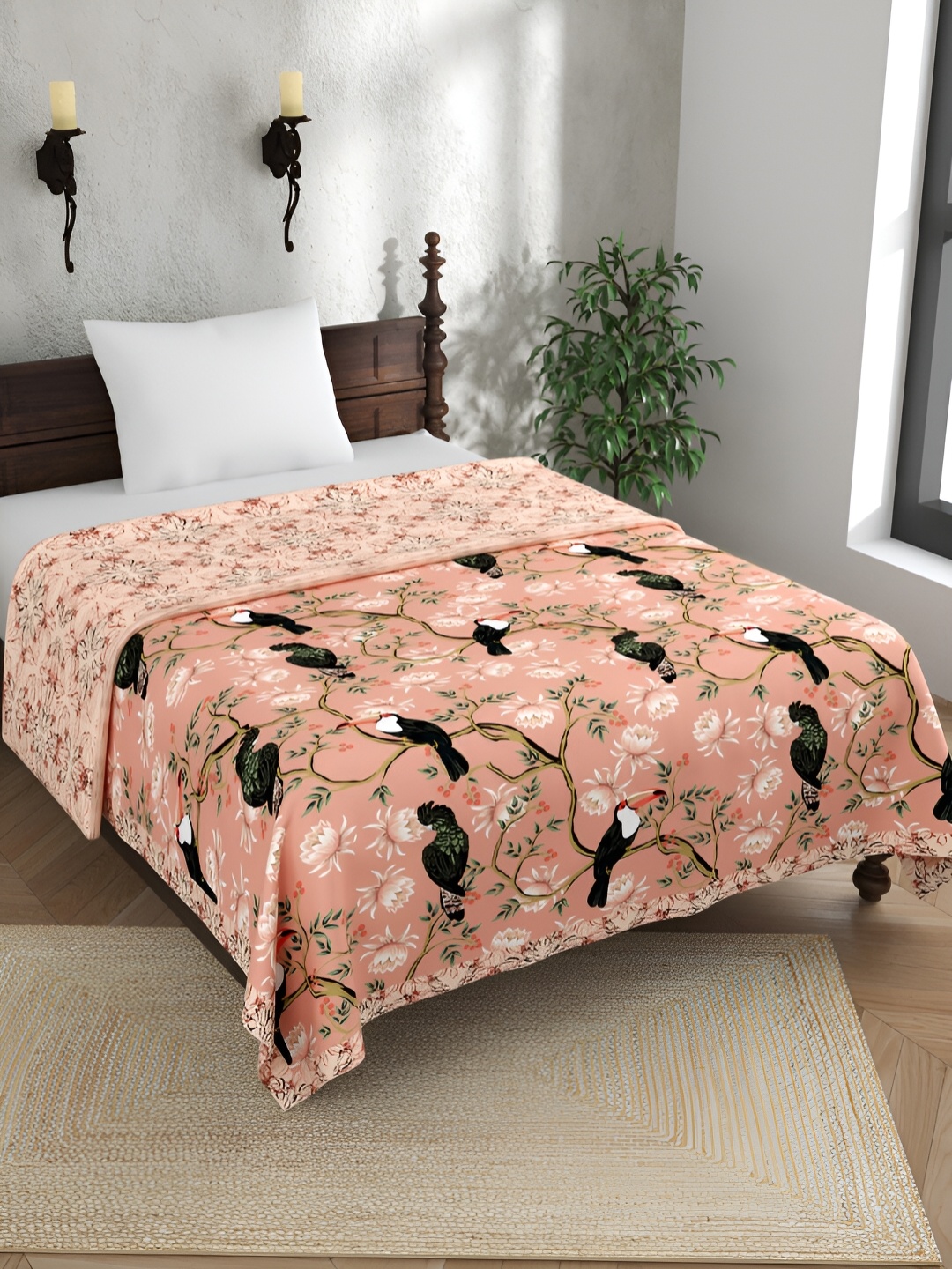

EverHOME Daisy Meadows Peach & Black Floral Cotton AC Room 120 GSM Single Bed Dohar