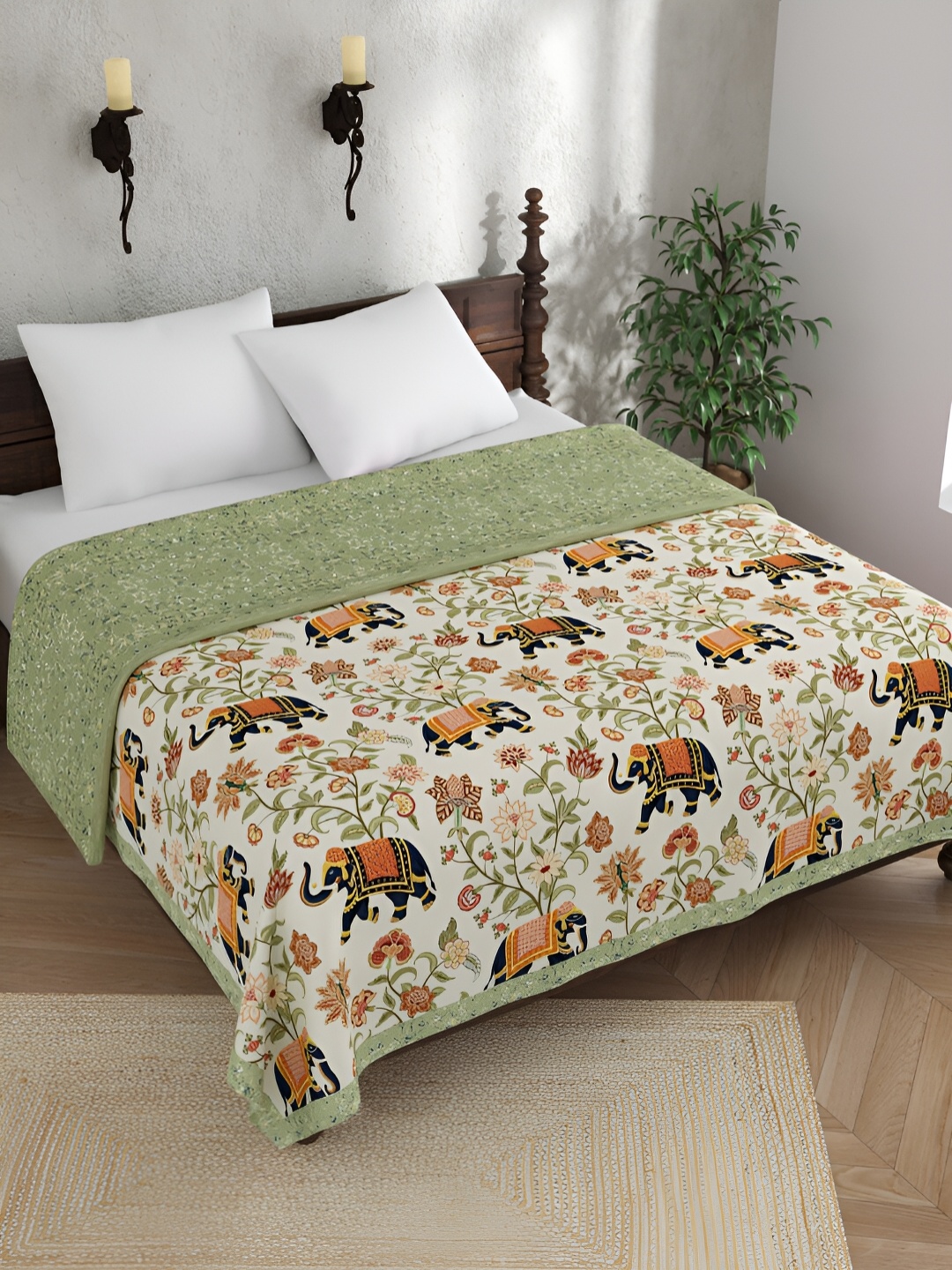 

EverHOME Daisy Meadows Beige & Green Floral Cotton AC Room 120 GSM Double Bed Dohar